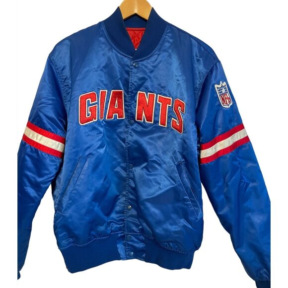Vtg 90's NFL Giants Starter Jacket L Bomber Coat Blue Satin Authentic Pro Line - Picture 1 of 8